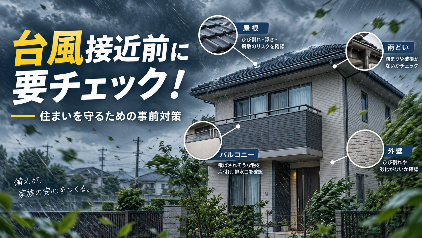 台風接近前に確認したい屋根・雨どい・ベランダ・外壁の住まい点検ポイント